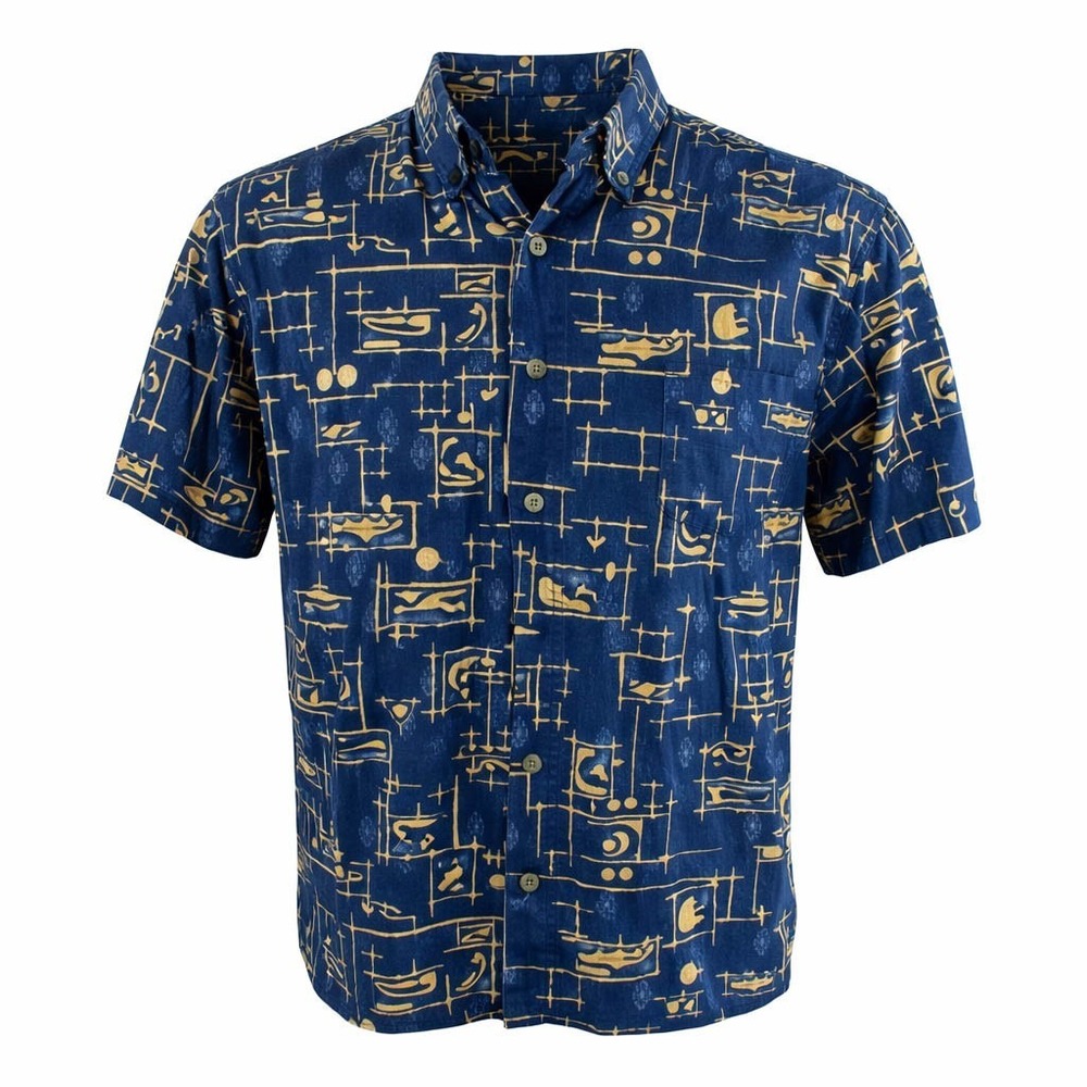 Woolrich Hawaiian Aloha Shirt Medium Gamefish Bamboo Navy Blue